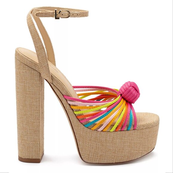 Larroude Valerie Knotted Satin Platform Sandals Sz 8.5 Multi 140MM Heel NEW $330 - Picture 1 of 16